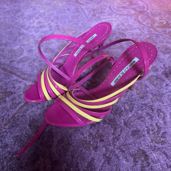 Manolo Blahnik Fuchsia and Yellow Strappy Heels - Picture 4 of 8